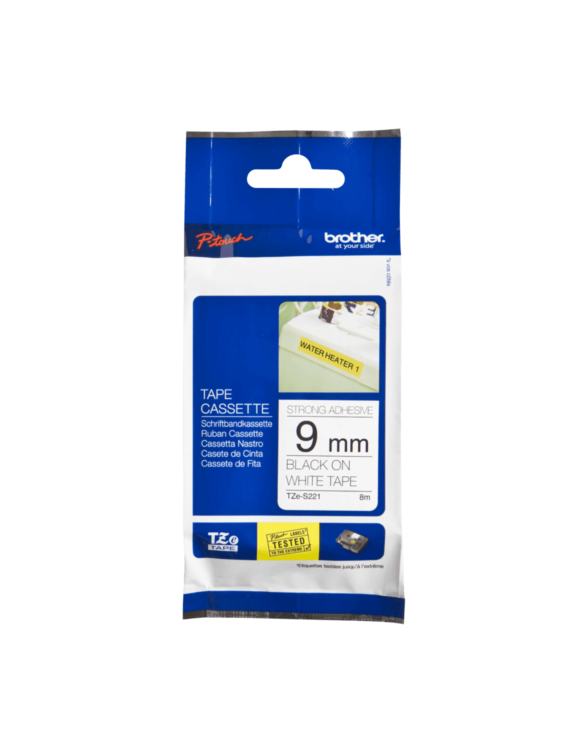 Cinta Laminada Superadhesiva Brother TZE-S221, Texto Negro sobre Fondo Blanco, 9mm, 8 Metros 1