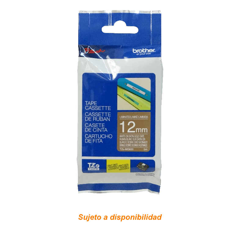 Cinta Laminada Brother TZE-MQ835, Texto Blanco sobre Fondo Dorado con Acabado Saten, 12mm, 5 Metros 2