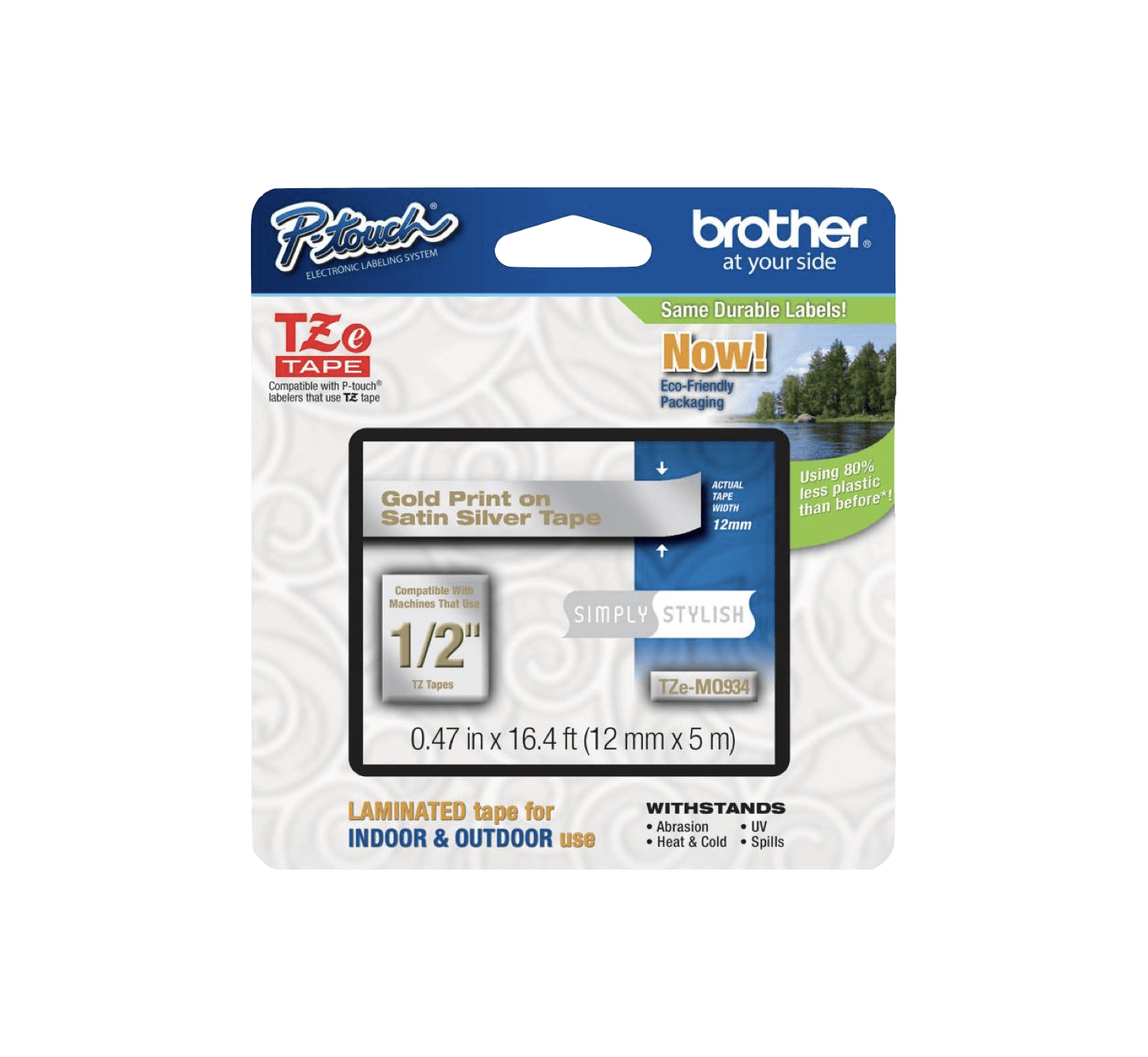 Cinta satinada Brother TZE-MQ934 12mm oro en fondo gris 5m 1