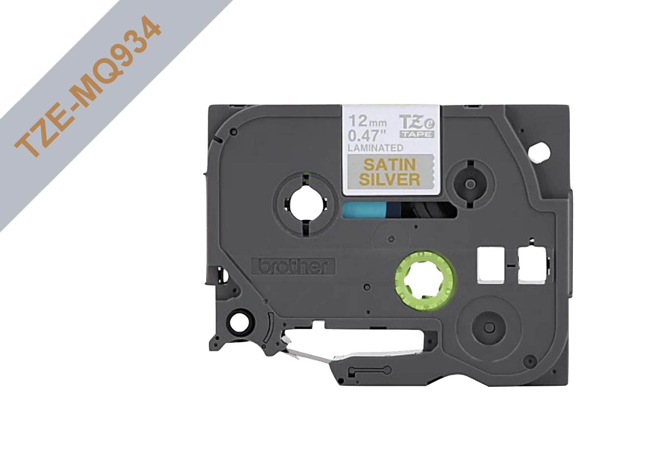 Cinta satinada Brother TZE-MQ934 12mm oro en fondo gris 5m 2