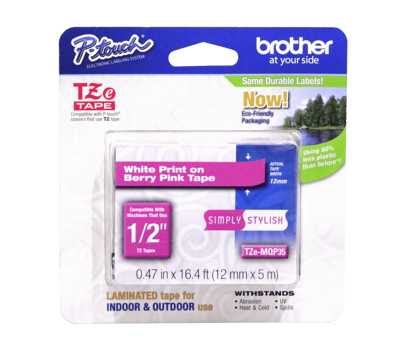 Cinta Brother TZE-MQP35 12mm blanco en fondo rosado 5m 2