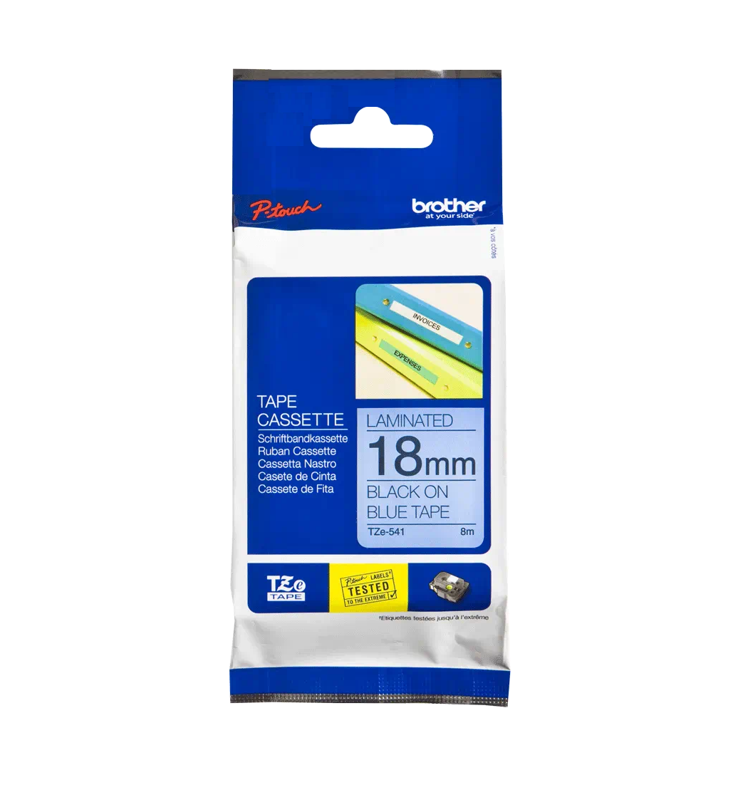 Cinta laminada Brother TZE-541 Texto negro sobre fondo azul 18mm 2