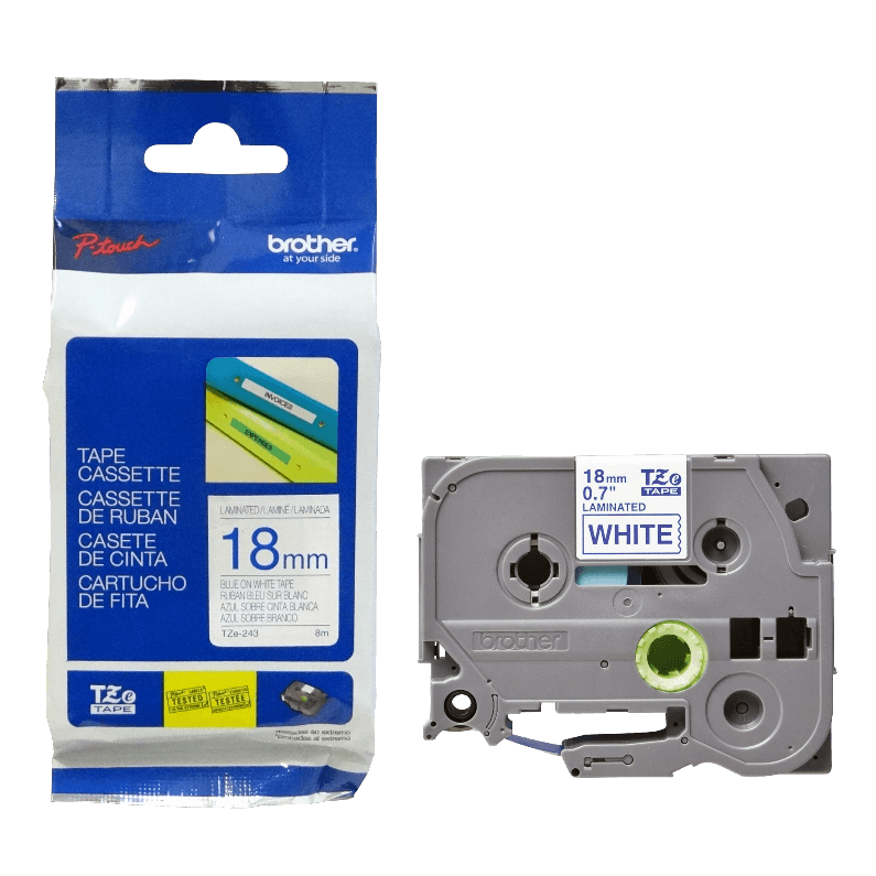 Cinta laminada Brother TZ-243, Texto Azul sobre Fondo Blanco, Ancho 18mm, Longitud 8m 1