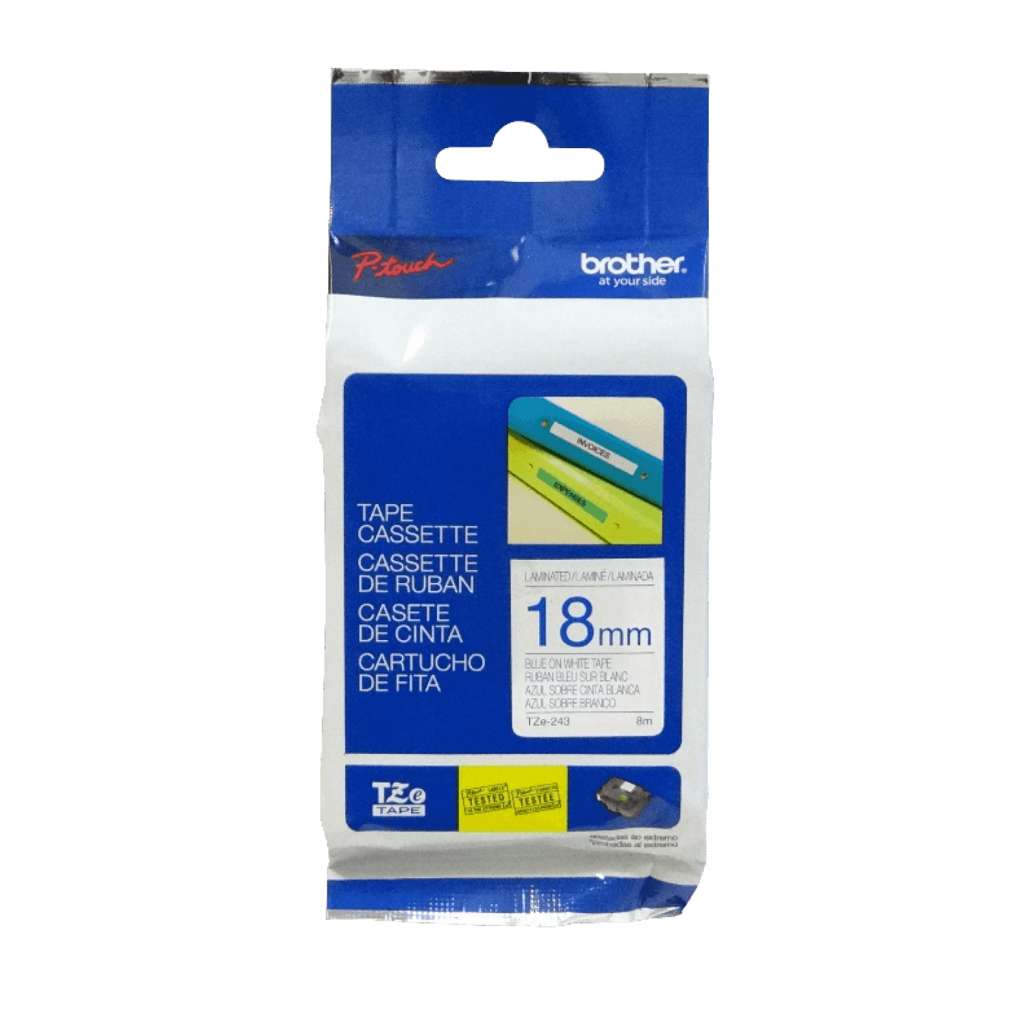 Cinta laminada Brother TZ-243, Texto Azul sobre Fondo Blanco, Ancho 18mm, Longitud 8m 3