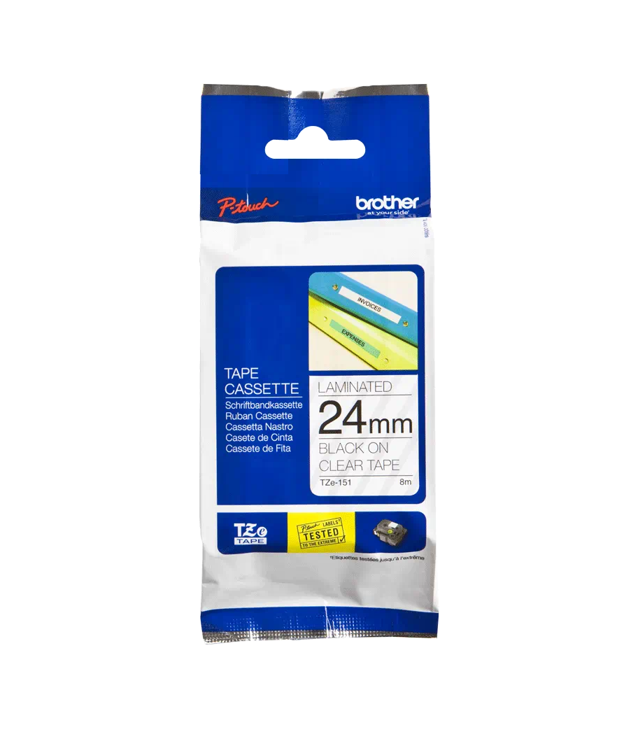 Cinta rotuladora Brother TZE-151 24mm texto negro sobre fondo transparente 1