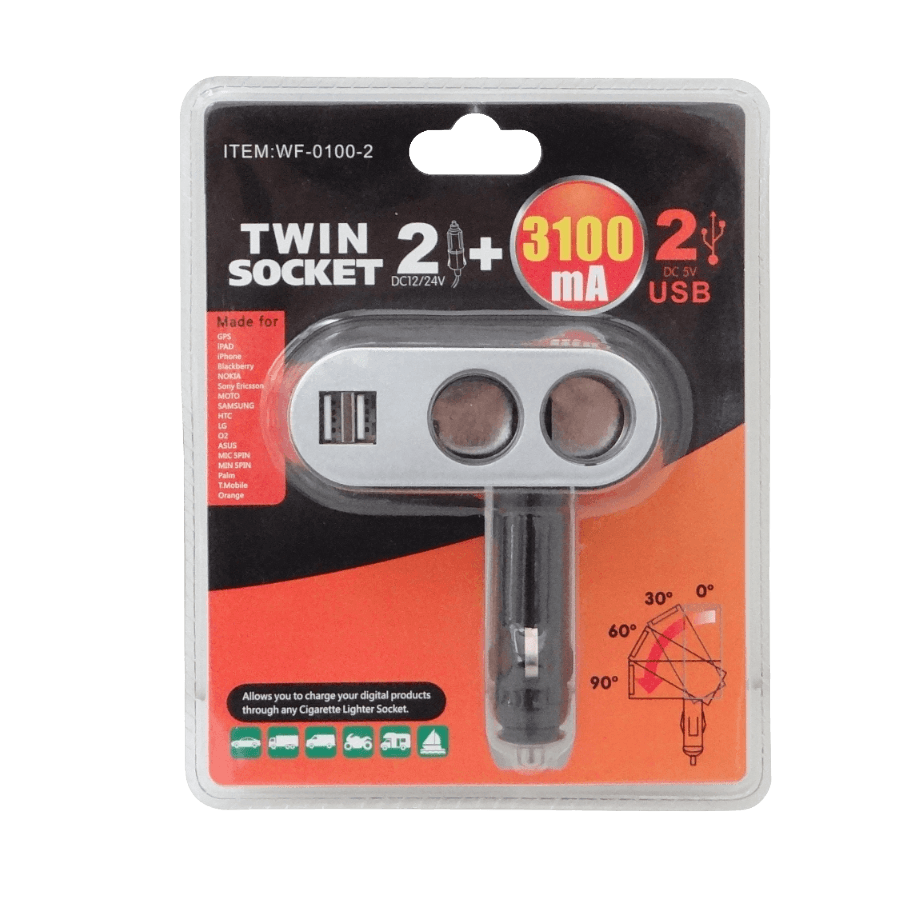 2-Vehicular-Hembra 2-USB-Hembra-AH 5VDC 3,1A 12V/24V-Macho-Encendedor 2