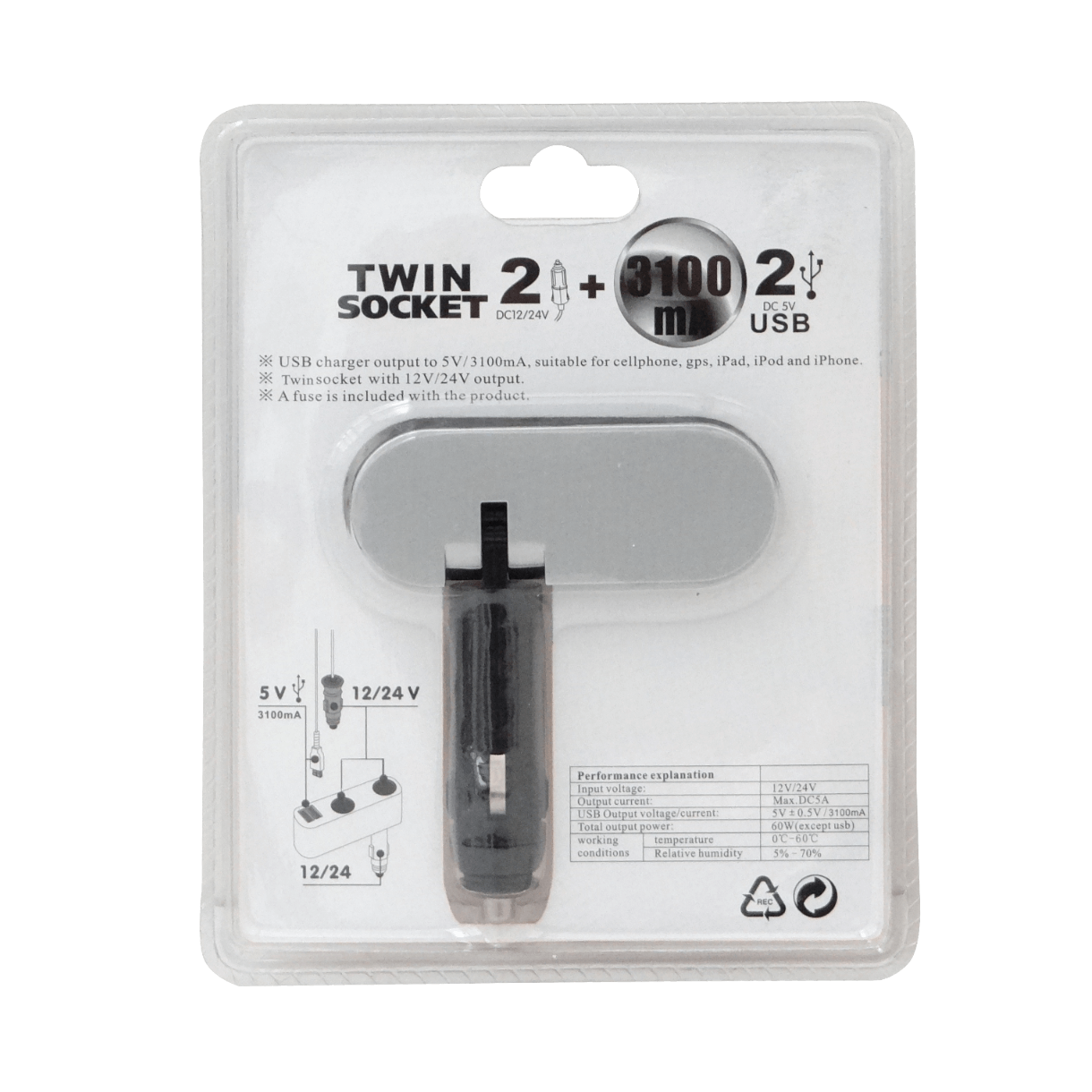 2-Vehicular-Hembra 2-USB-Hembra-AH 5VDC 3,1A 12V/24V-Macho-Encendedor 3