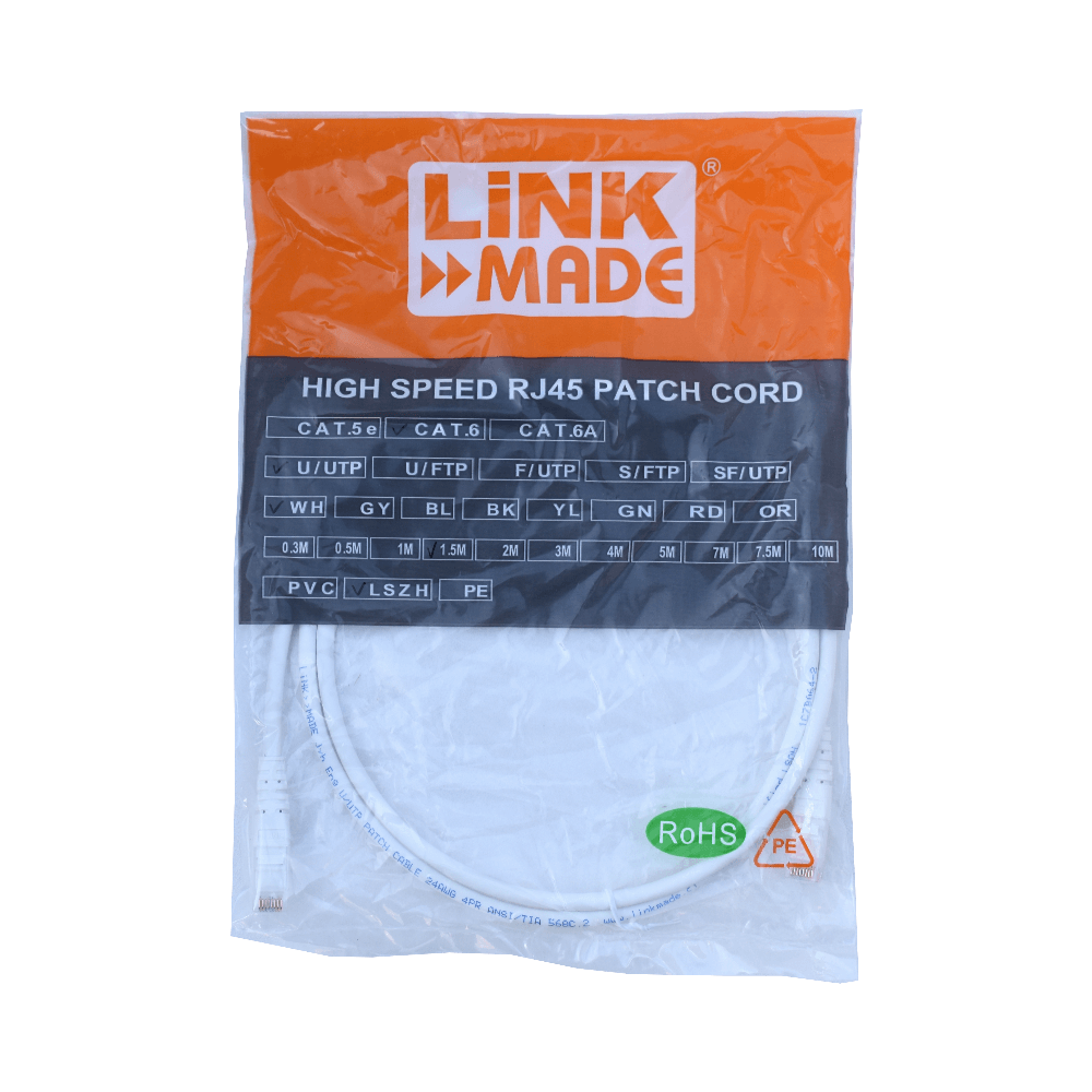 Cable Patch LINKMADE Cat6 Blanco LSZH UTP 1.5 metros Inyectado Multifilar de Alto Rendimiento 2