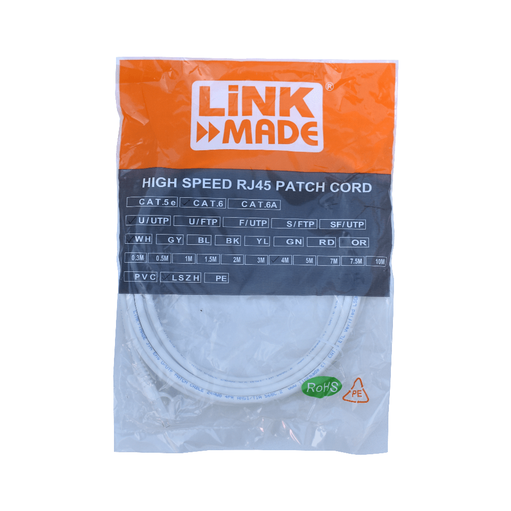 Cable Patch LINKMADE Cat6 U/UTP 4mt Blanco LSZH Inyectado Multifilar 2