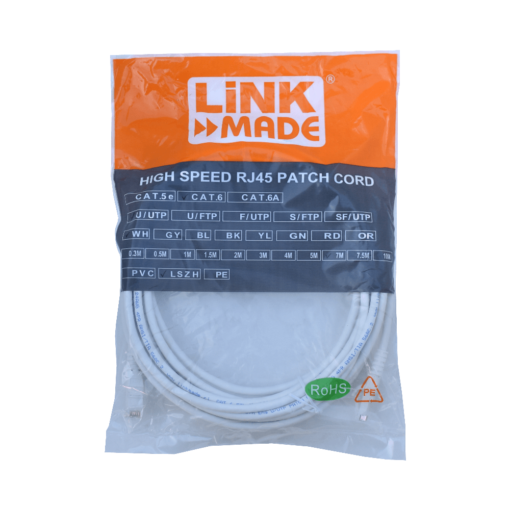 Cable Patch LINKMADE Cat6 U/UTP 7mt Blanco LSZH Inyectado Multifilar 3