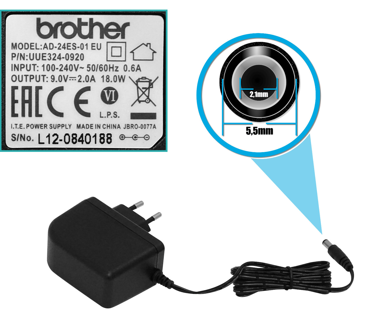 Adaptador de Corriente Brother AD24ES01, Para Rotuladoras Brother 2