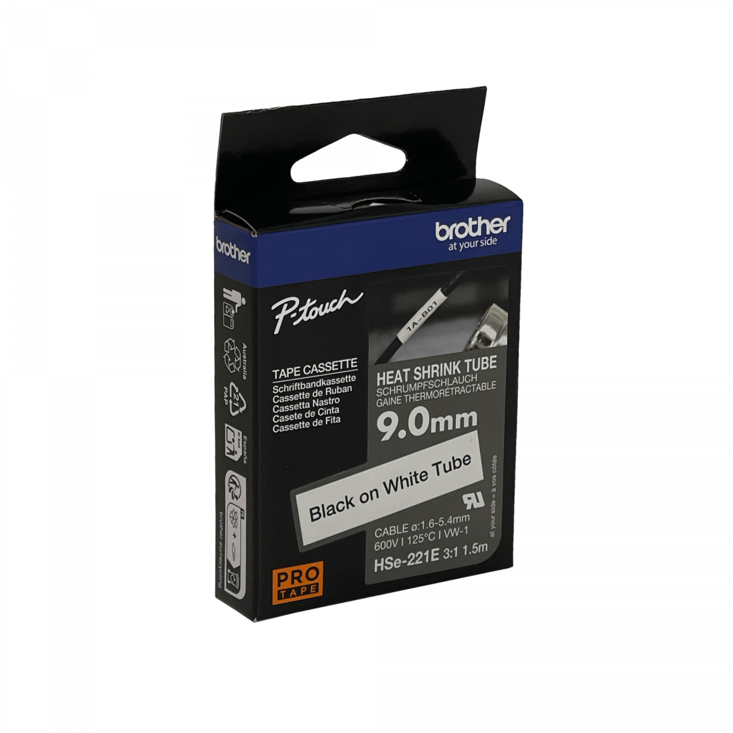 Cinta termoretractil Brother HSE-221E 9mm negro en blanco 15m 2