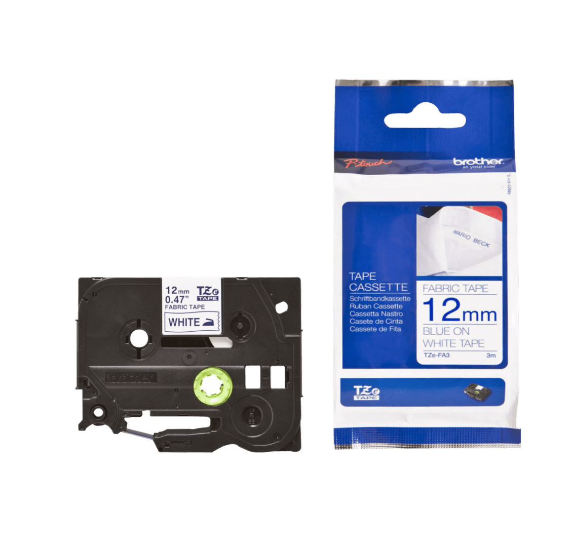Cinta tela planchable Brother TZE-FA3 12mm azul marino en blanco 3m 3