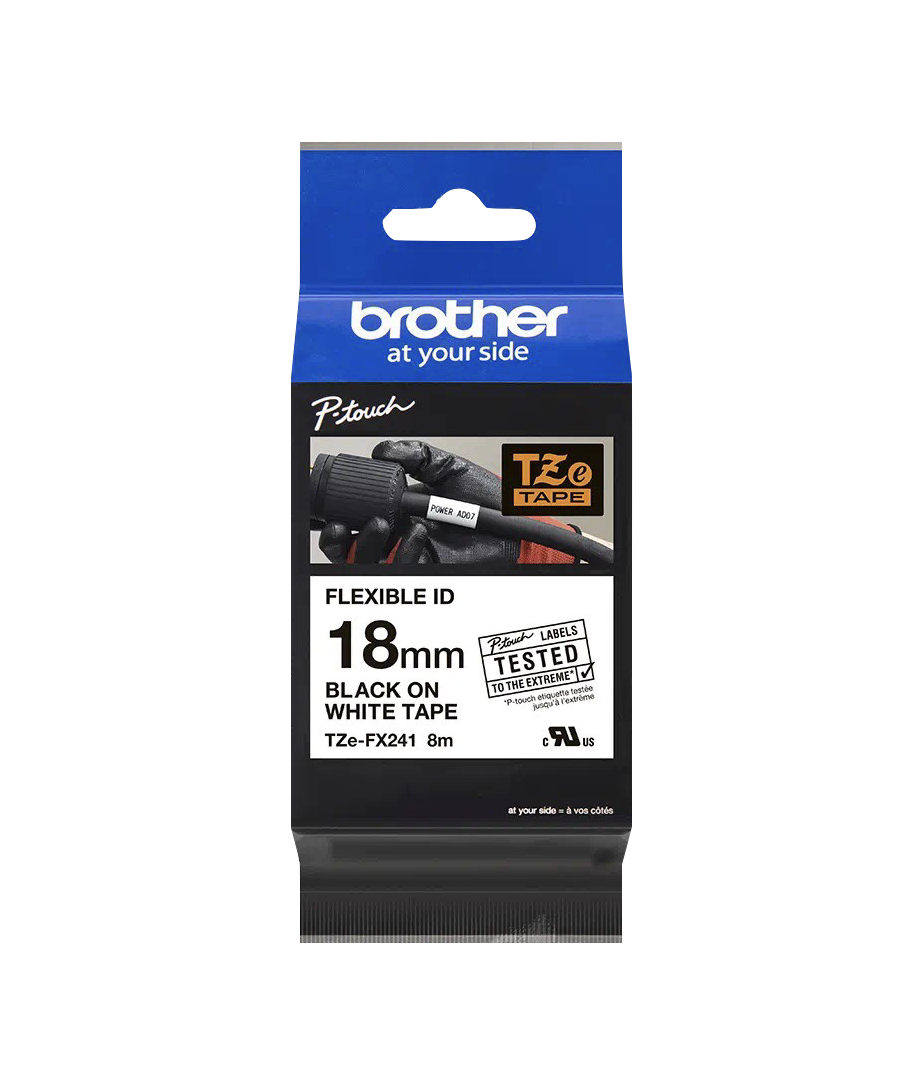 Cinta Laminada Flexible Brother TZE-FX241, Texto Negro sobre Fondo Blanco, Ancho 18mm, Longitud 8m 1