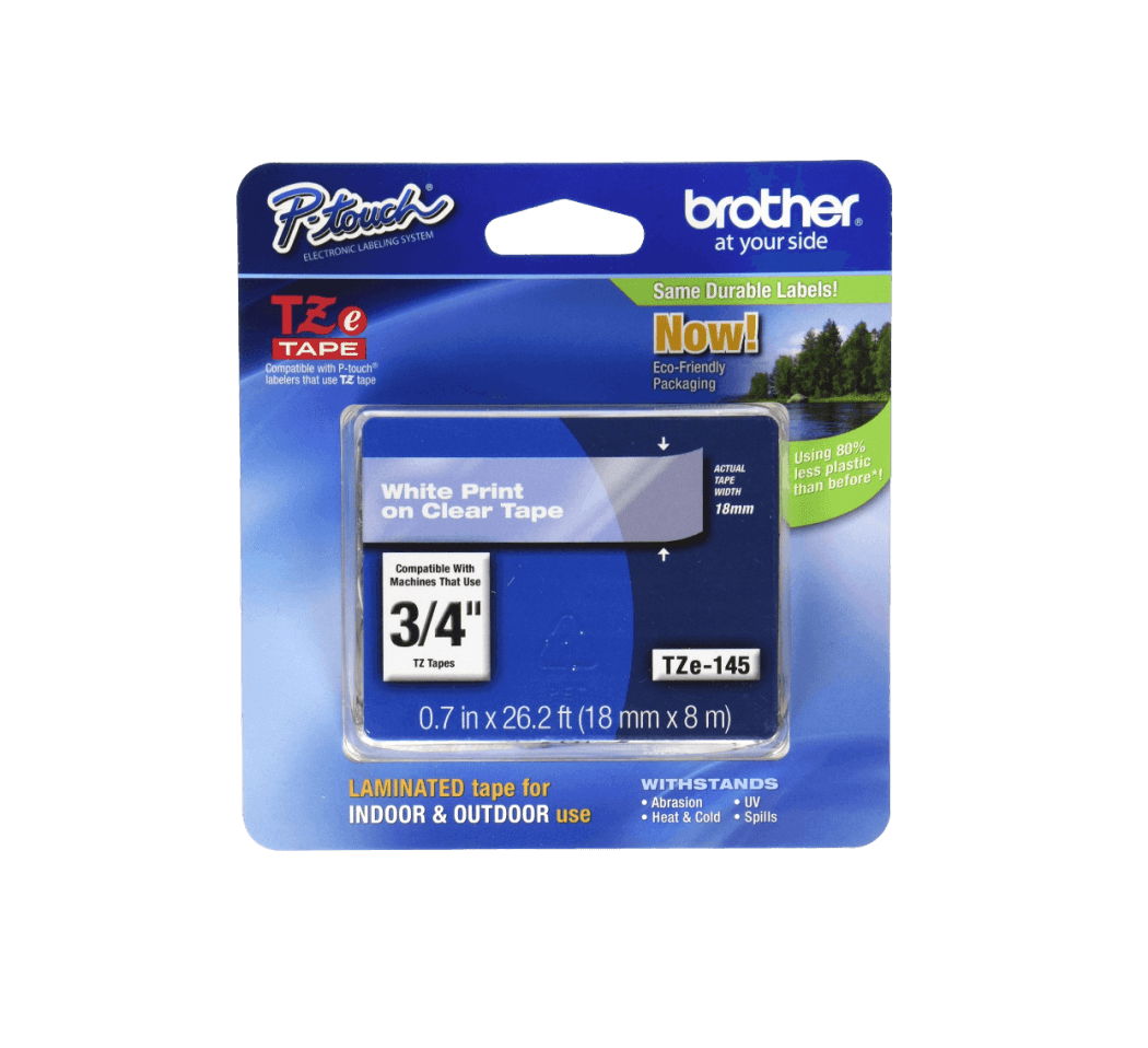 Cinta Laminada Brother TZE-145, Texto Blanco sobre Fondo Transparente, 18mm, 8 Metros  1