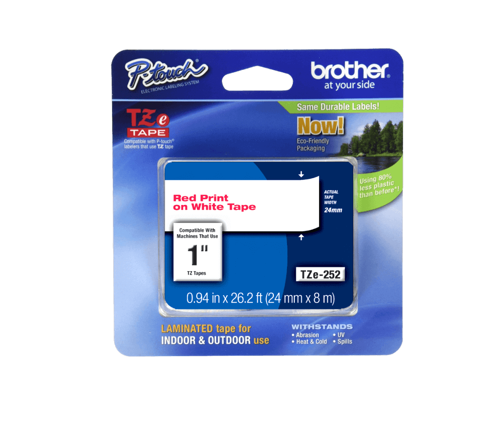 Cinta Brother TZE-252 24mm rojo en fondo blanco 8m 2