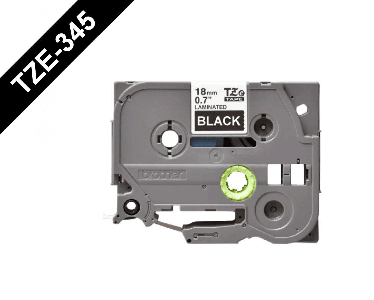 Cinta Laminada Brother TZe345, Texto blanco sobre fondo negro. Ancho: 18 mm. Longitud: 8 m 1