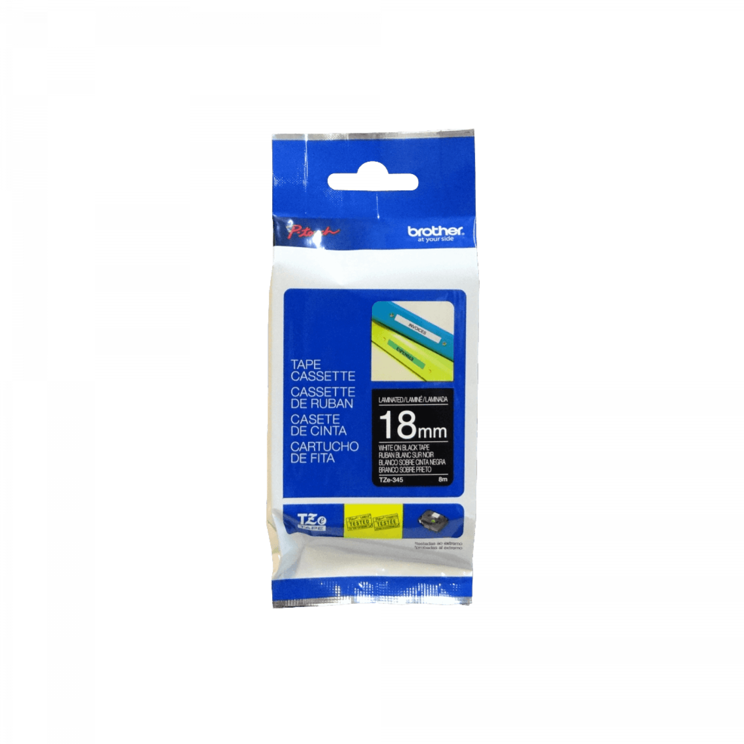 Cinta Laminada Brother TZe345, Texto blanco sobre fondo negro. Ancho: 18 mm. Longitud: 8 m 2
