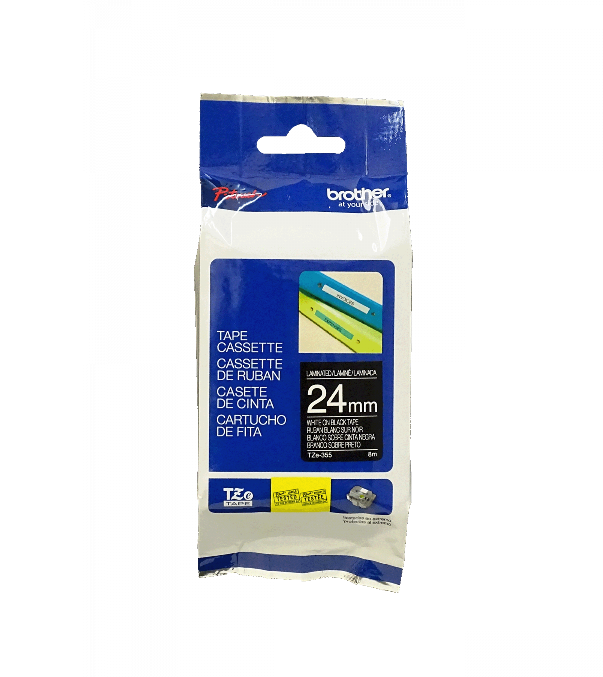 Cinta Laminada Brother TZE-355, Texto Blanco sobre Fondo Negro, 24mm, 8 Metros 1