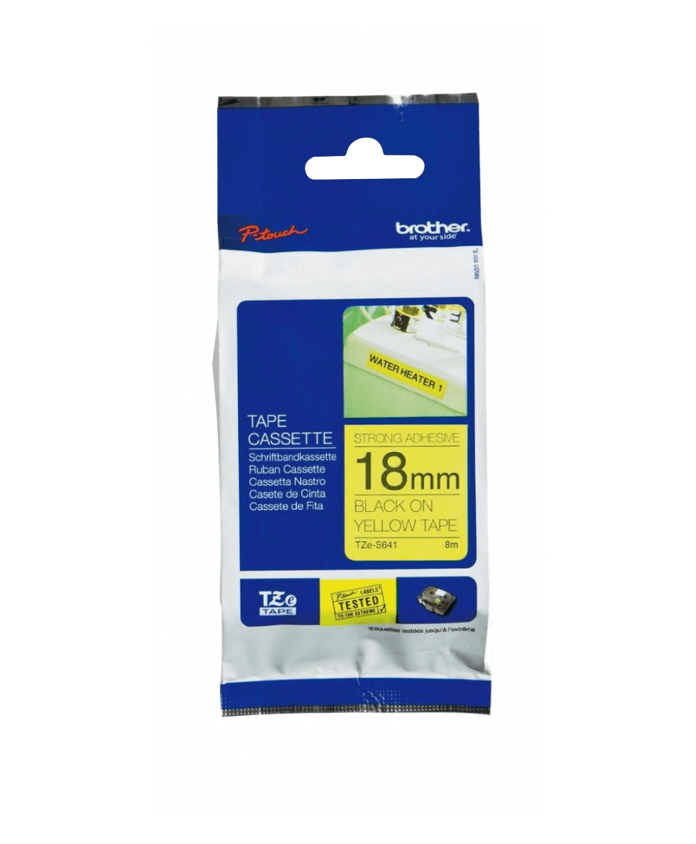 Cinta Laminada Brother TZE-S641, Texto Negro sobre Fondo Amarillo, Ancho 18 mm, Longitud 8 m 1