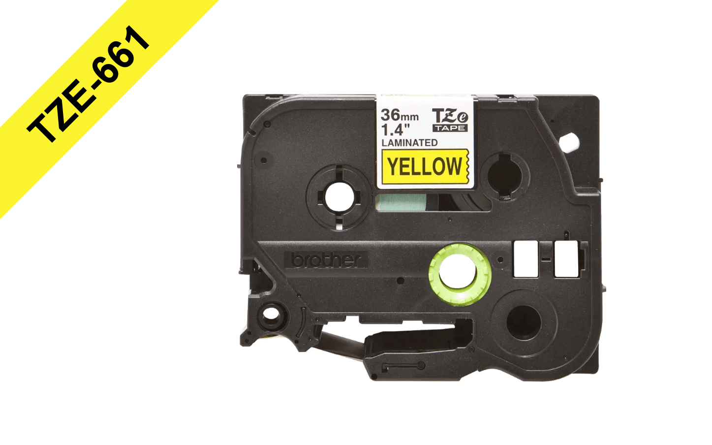 Cinta Brother TZE-661 36mm negro en fondo amarillo 8m 2