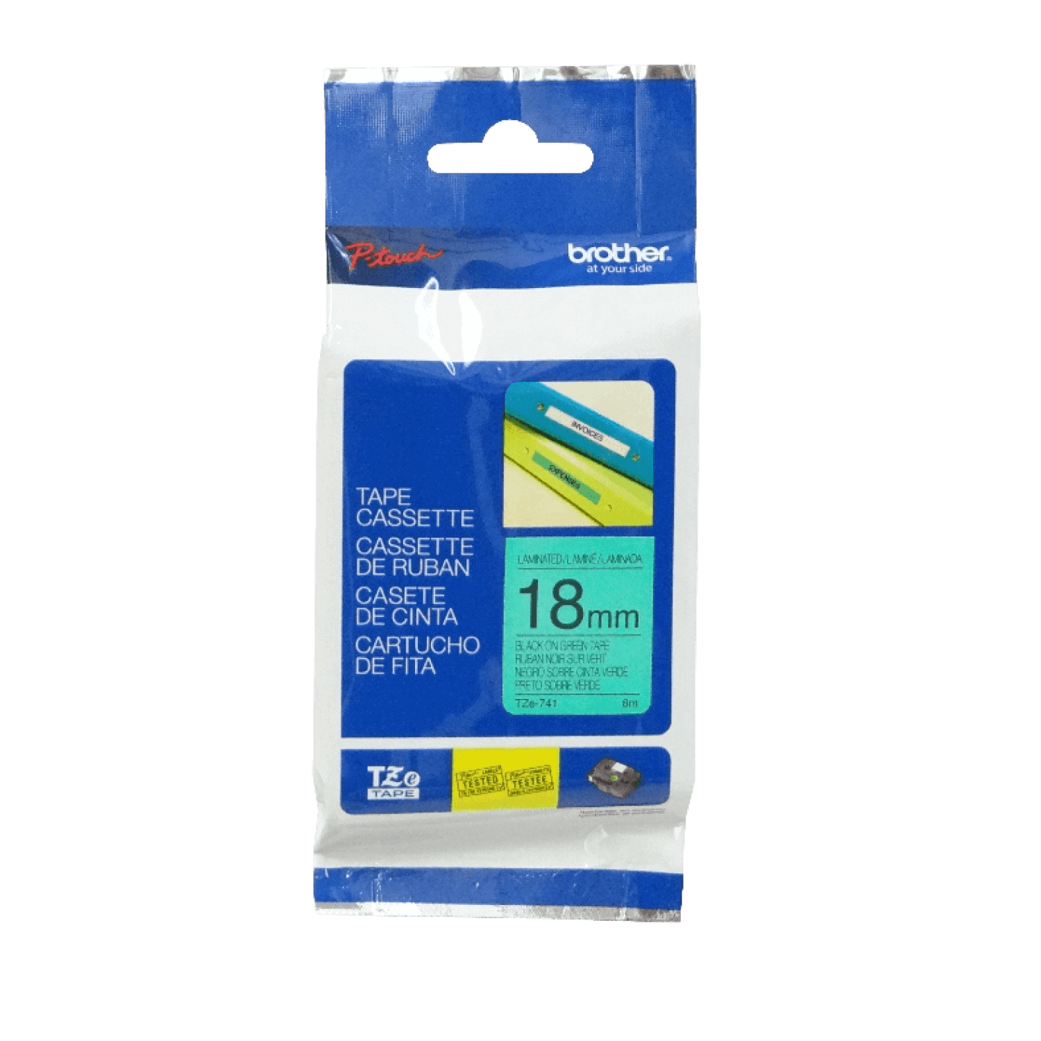 Cinta rotuladora Brother TZE-741 18mm texto negro sobre fondo verde 2