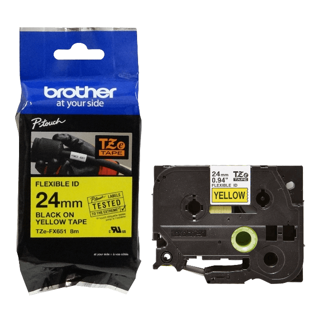 Cinta flex Brother TZE-FX651 24mm negro en fondo amarillo 8m 4