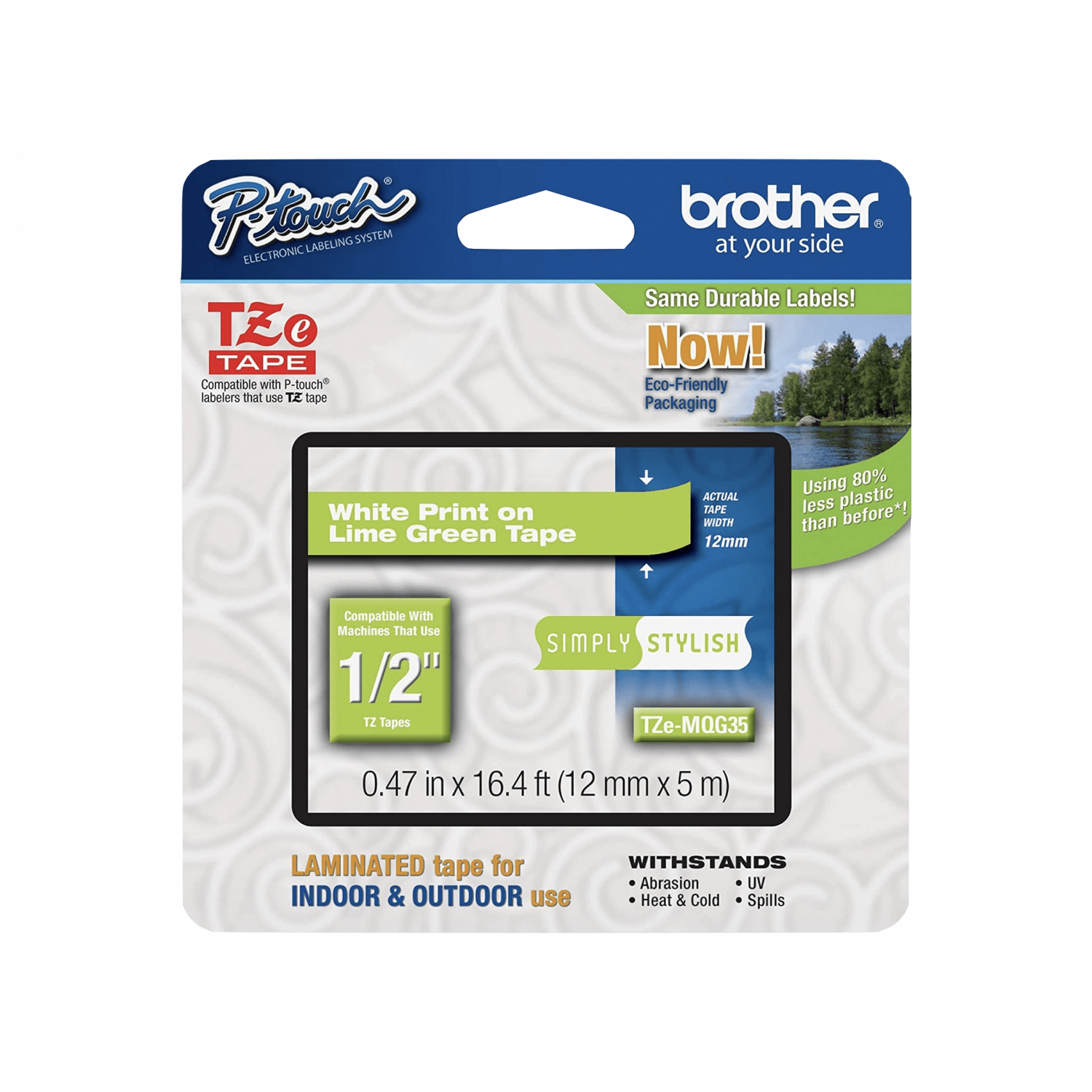 Cinta Brother TZE-MQG35 12mm blanco en fondo verde lima 5m 2