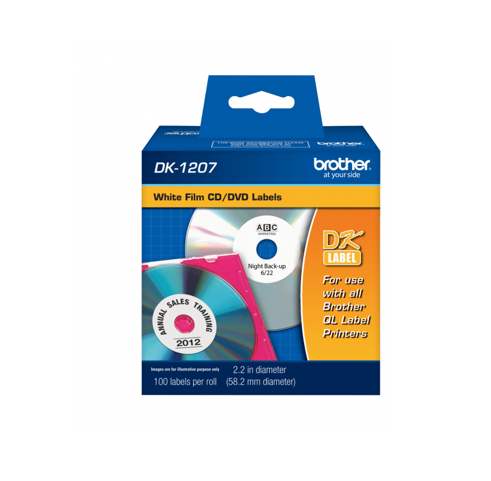 Etiquetas para CD/DVD Brother DK1207, Diámetro 58mm, 100 Etiquetas, Plastificado Blanco 1