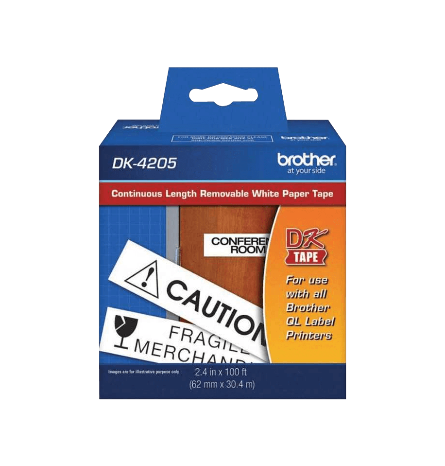 Cinta de Papel Brother DK4205, Longitud Continua y Extraíble, Negro sobre Blanco, 62mm, 30.4m 2