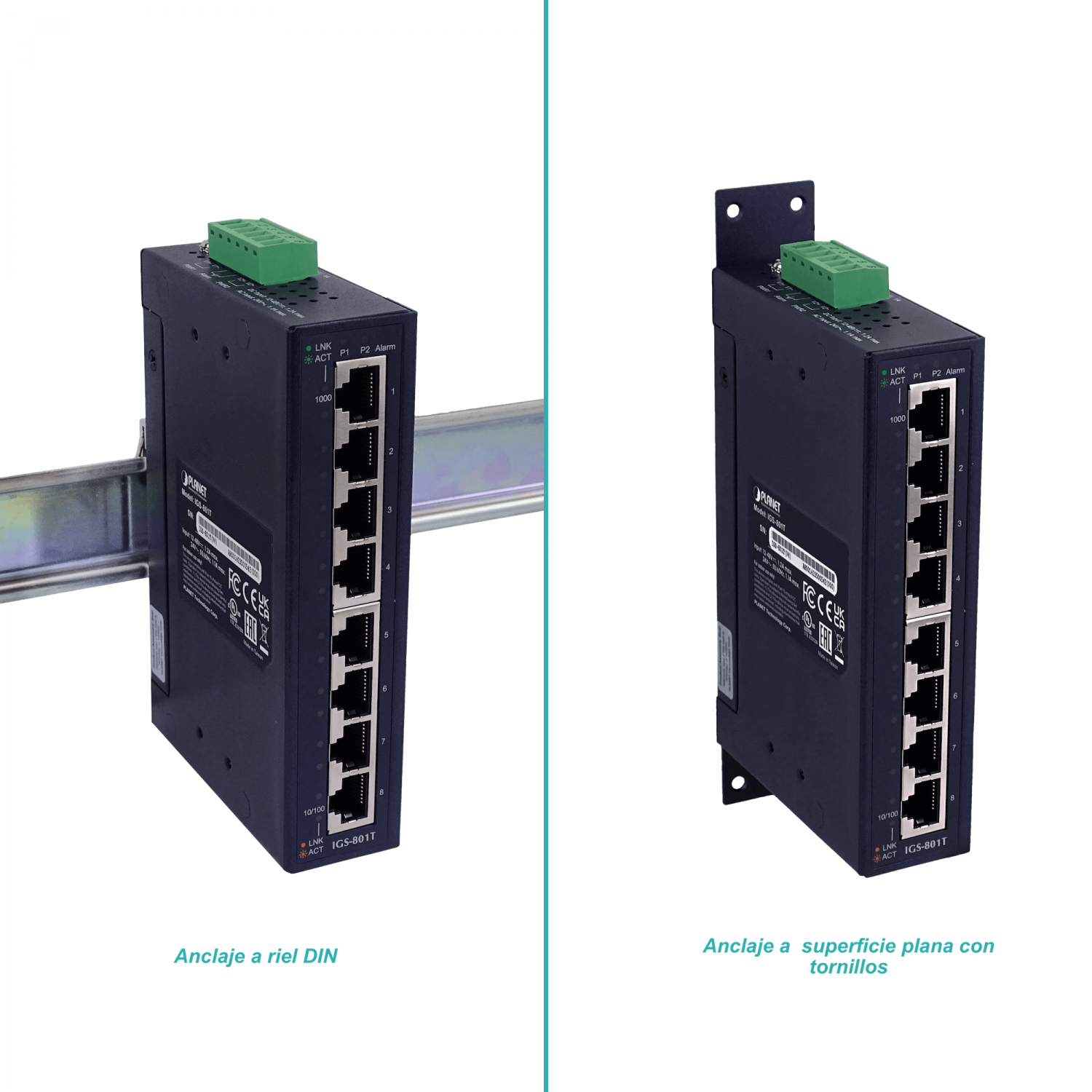 PLANET 8-1000 Switch Indust no-Admin Riel-DIN Gigabit req-12-48DC/24AC 7