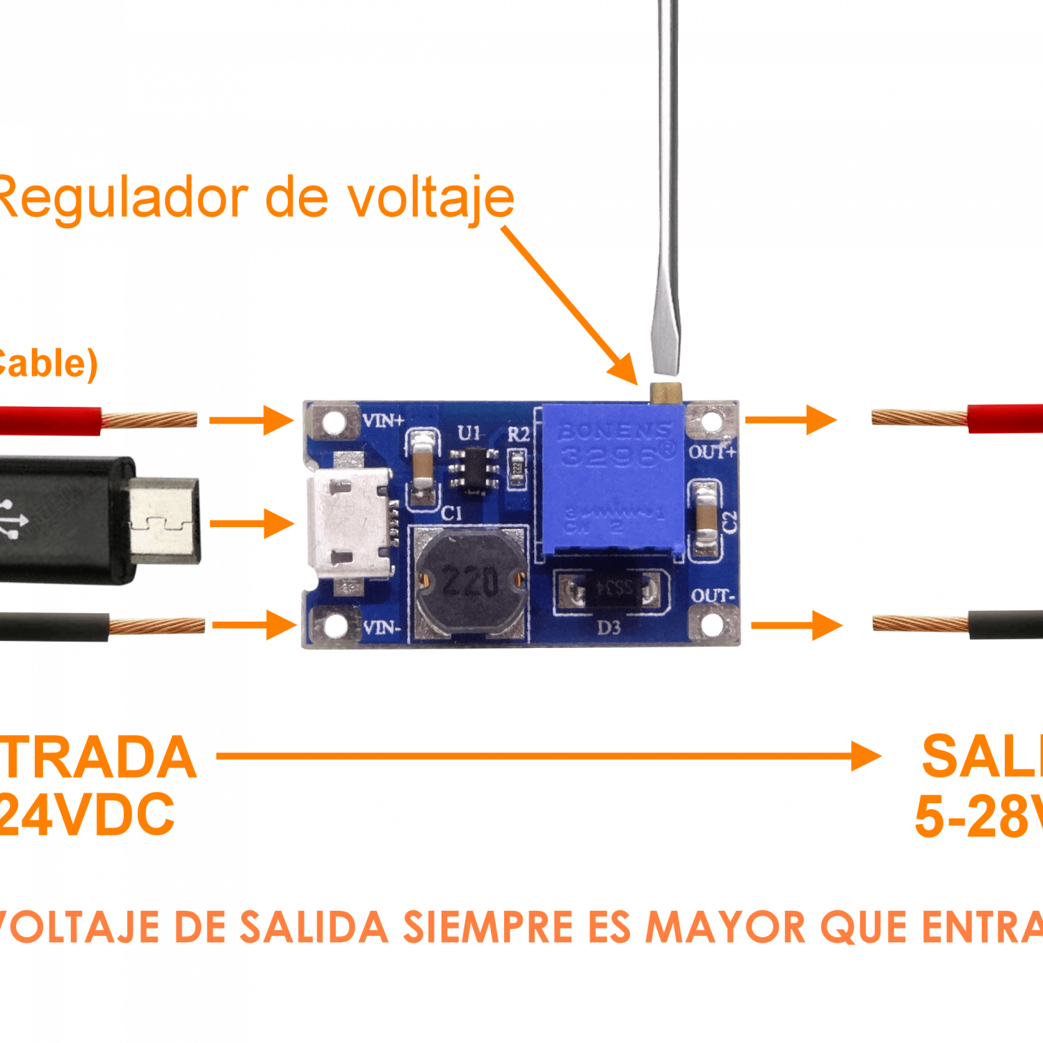 Boost Ajustable AumentaVoltaje in:2-24VDC USB/2-pin out:5-28VDC 2A-Max 2
