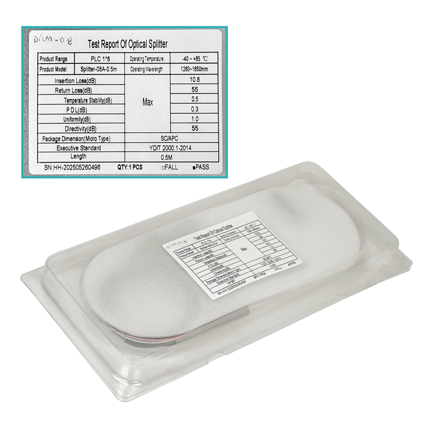 Divisor Óptico PLC 1x8 SC/APC DIVA-08 para XGPON G657A1 0,9mm 1260–1650nm 2