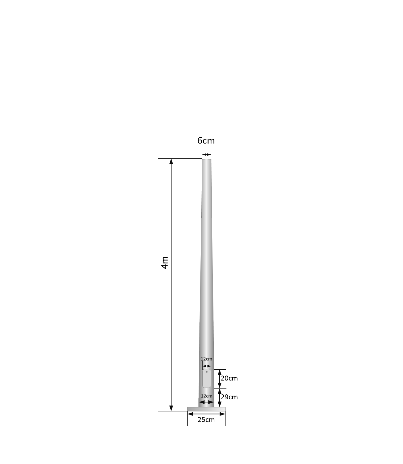 Poste Conico 4mt 3mm Base-250x250x12mm no-inc-Canastillo Cono-120/60mm 4
