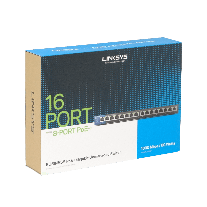 Switch Gigabit PoE+ de escritorio para empresas de 16 puertos Linksys LGS116P 1