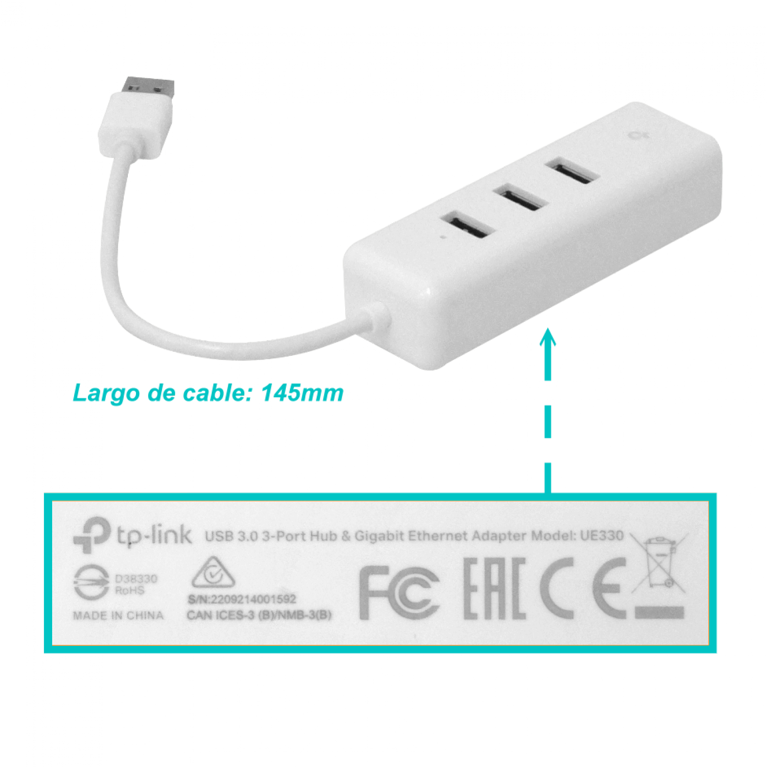 Adaptador TP-Link USB 2 en 1 con Hub de 3 Puertos USB 3.0 y Adaptador Ethernet Gigabit 1
