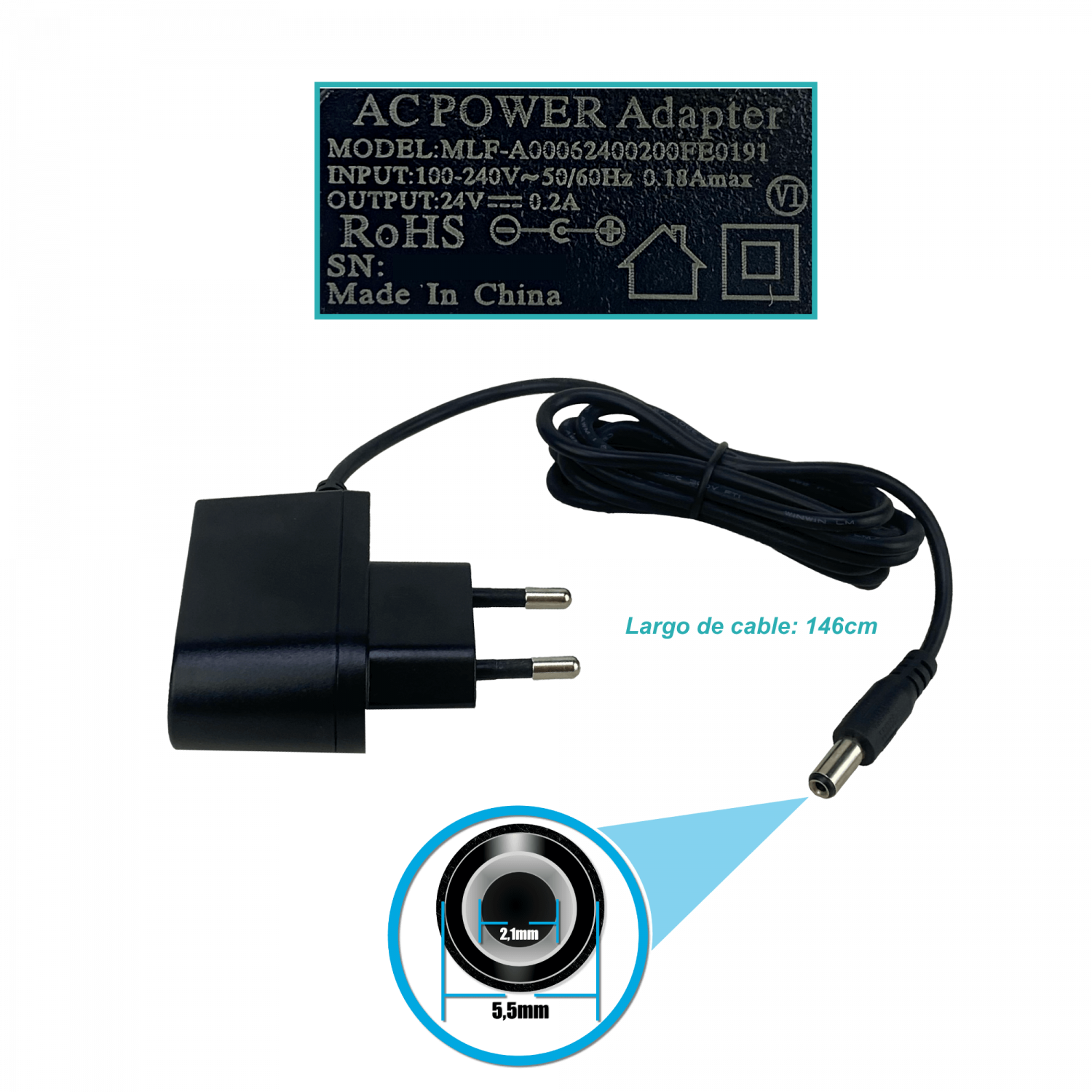 Fuente Poder 24VDC 0,2A 200mA 5W interior Plug-5,5x2,1mm p/Mikrotik 1