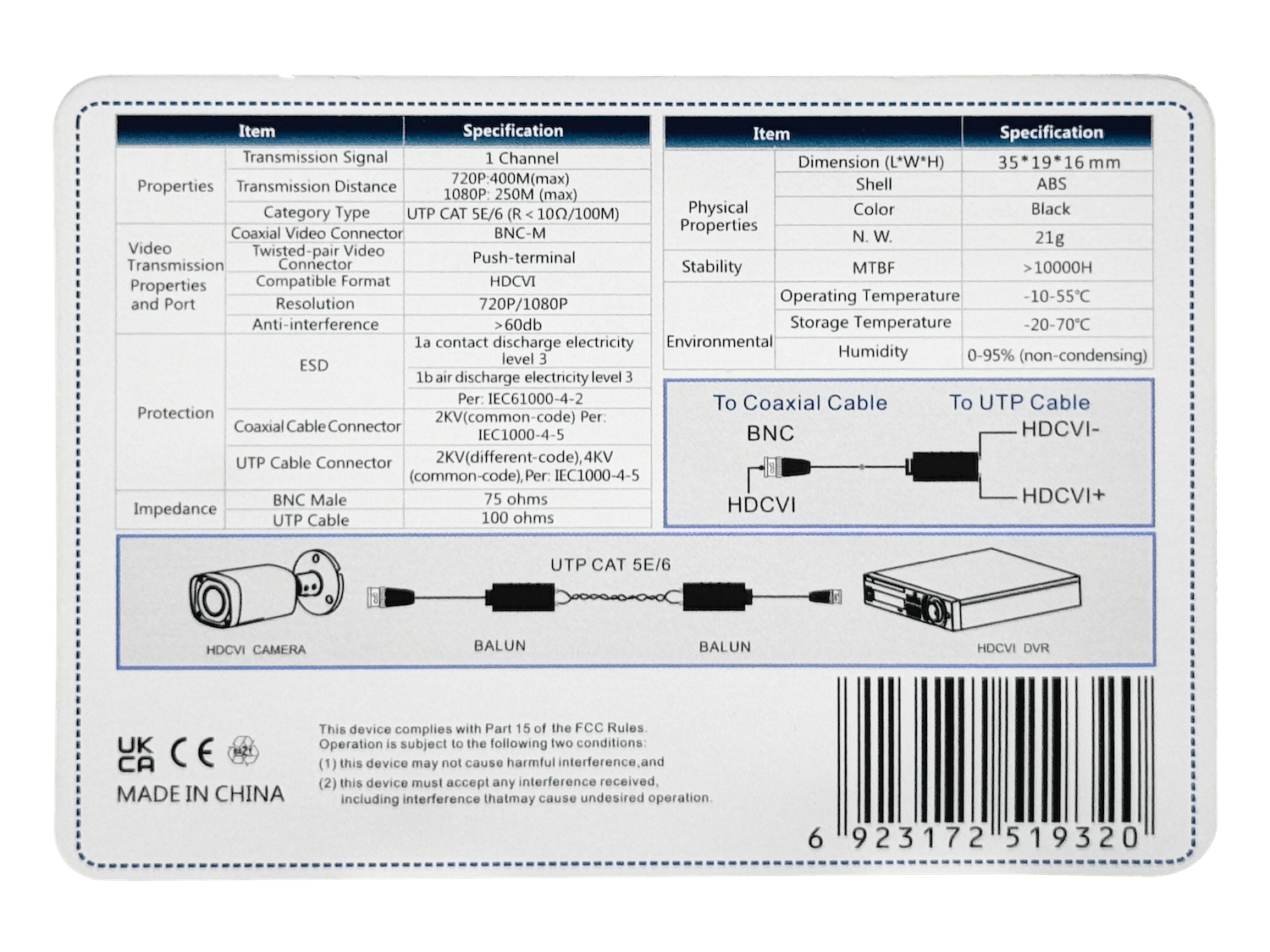 Balún Pasivo Dahua PFM800-E – 1 canal HDCVI, Cat5E/6 hasta 400 metros 2