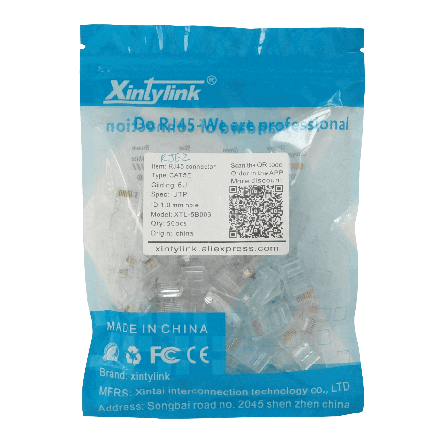 Conectores RJ45 XINTYLINK CAT5E UTP Bolsa 50 Orificios 1.0mm 3