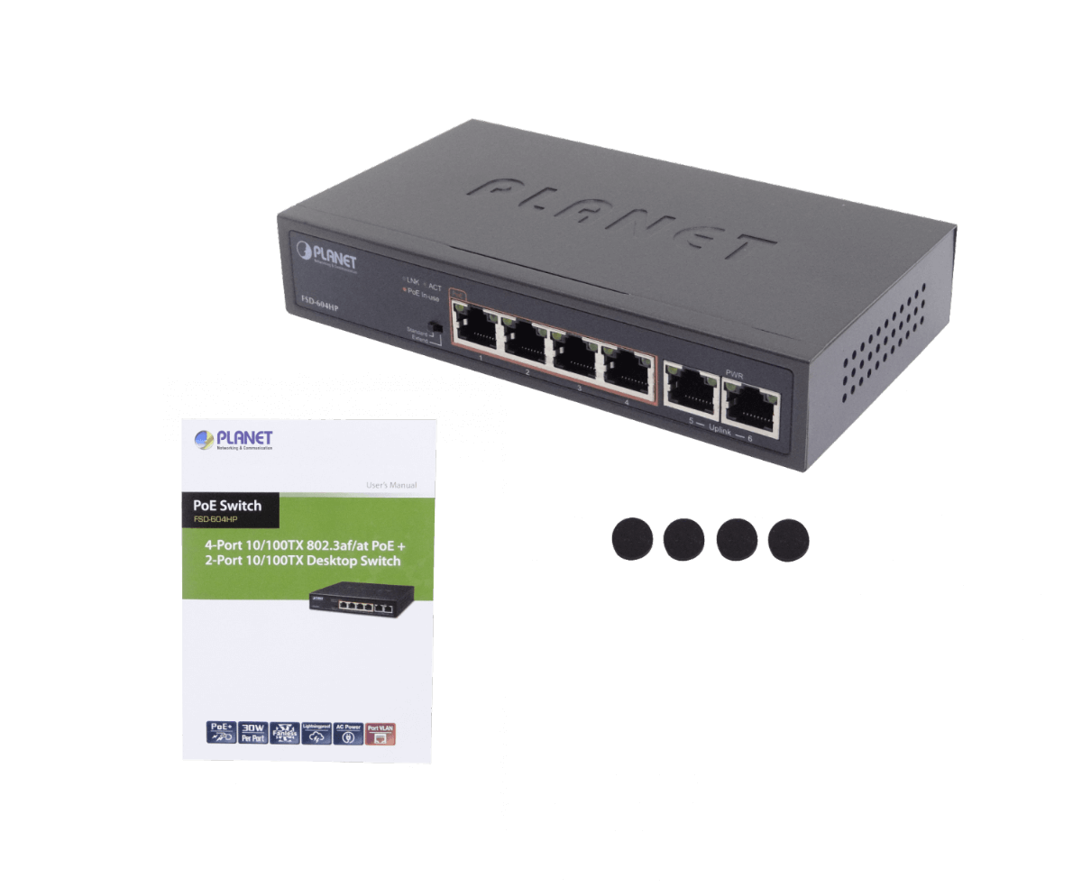 PLANET 6-100(4-PoE+af/at) Extend-250mt 60W-tot Switch no-Admin no-Rack 1