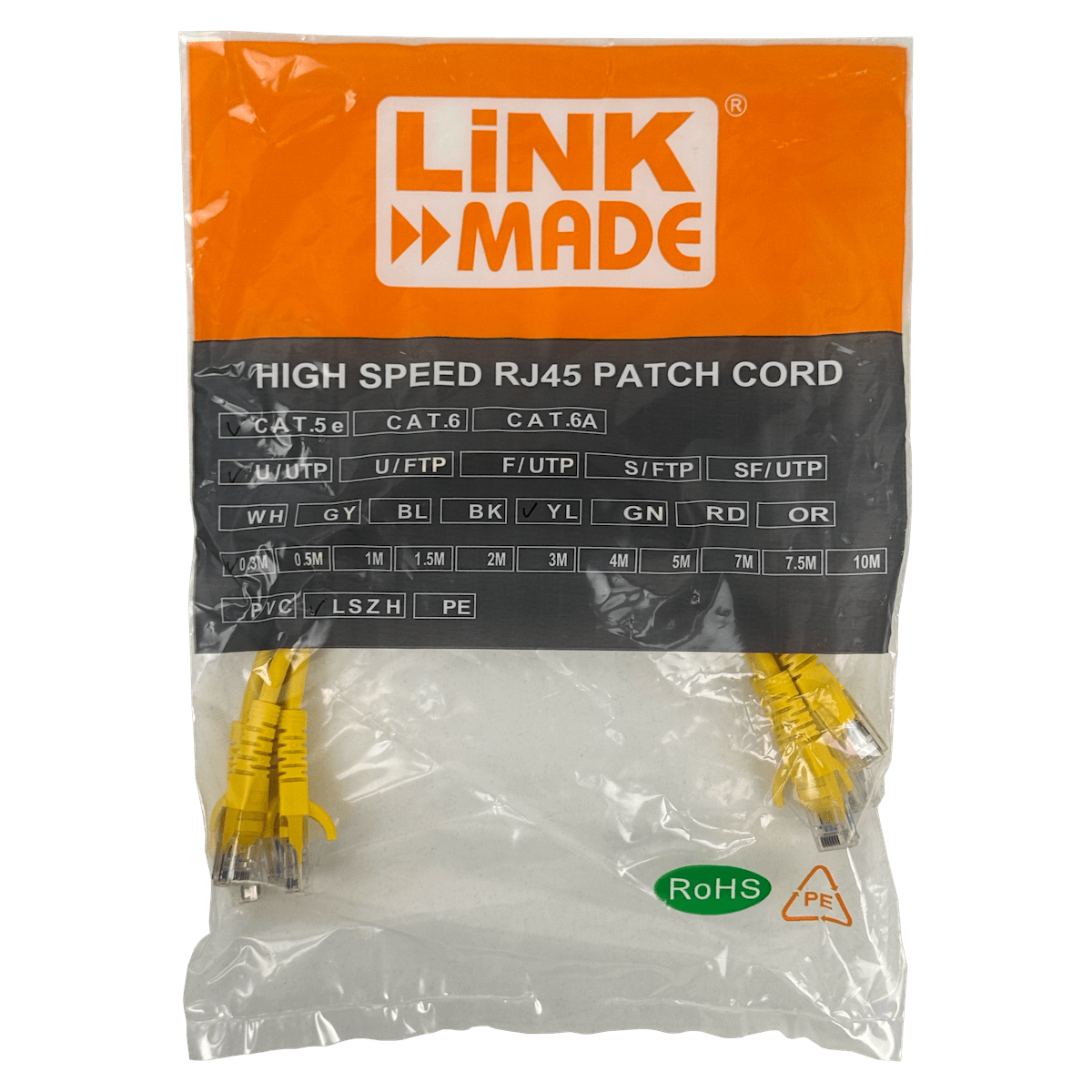 Pack x4 Cable Patch LINKMADE Cat5e 30cm Amarillo LSZH Inyectado Multifilar 2