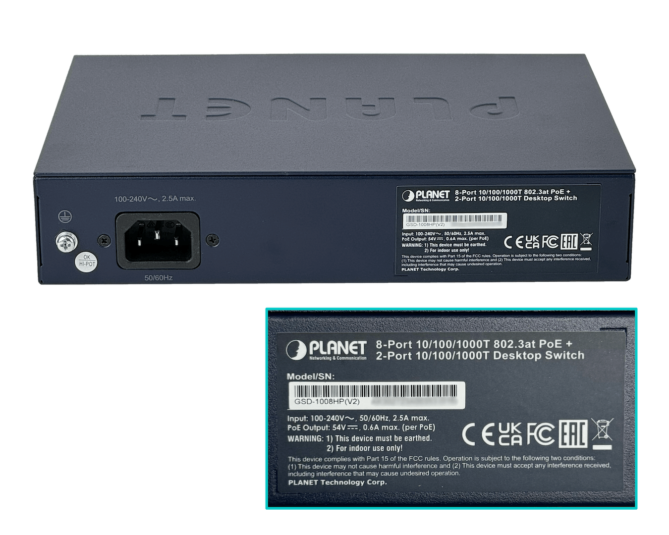 PLANET 10-1000(8-PoE+af/at) 120W-tot Switch no-Admin Rack-10p Rack-19p 4
