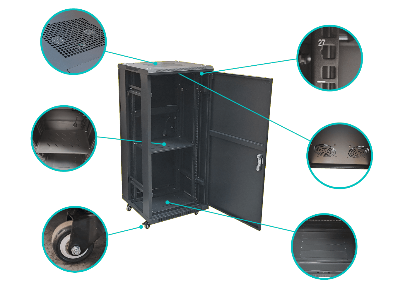 Rack 27U Ciego Fondo-60cm Ancho-19pulg Piso Ruedas Bandeja-30cm PDU 6