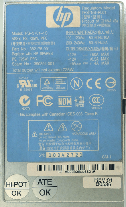 HP 725W Fuente Poder para Servidor ML350G4 2