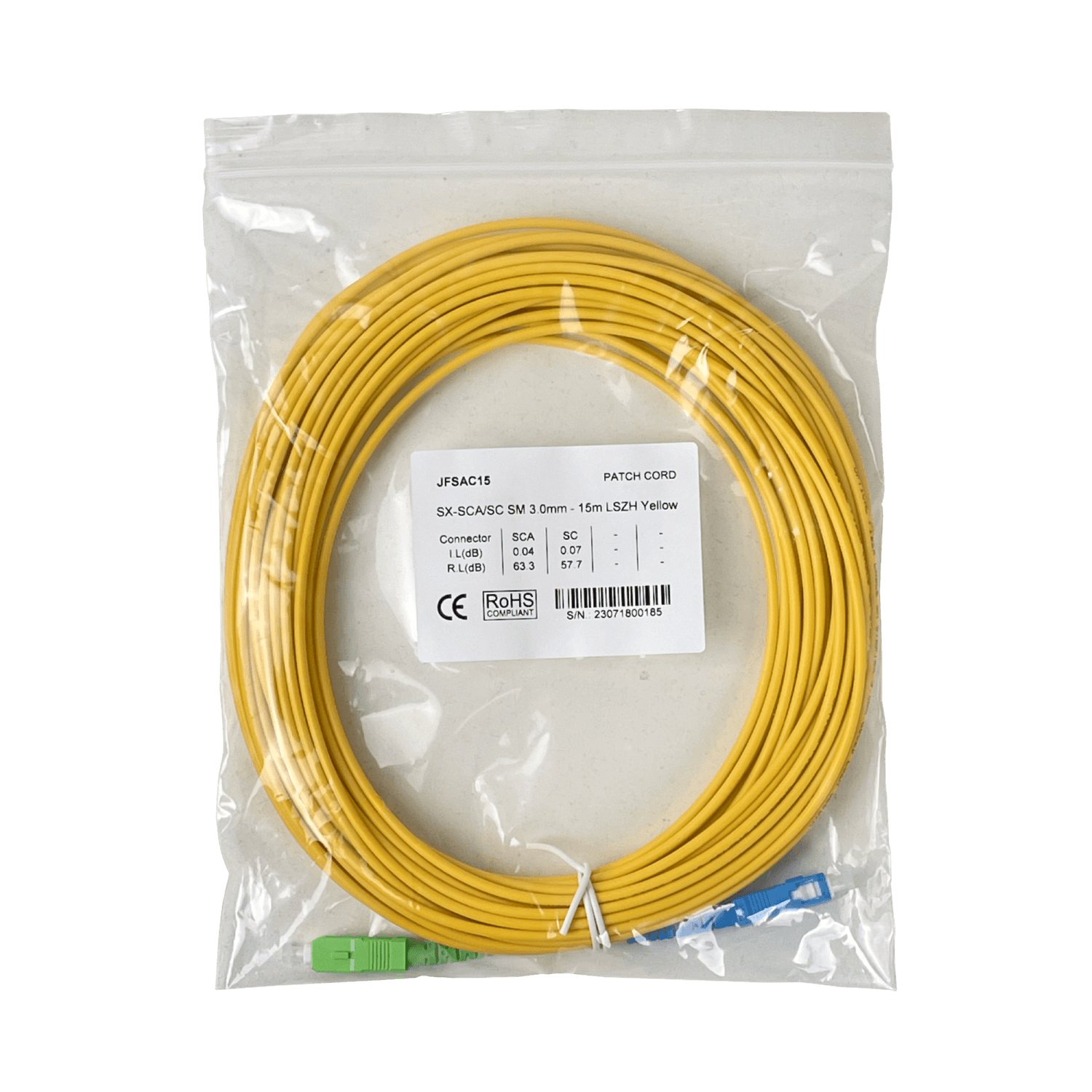 15mt SC/APC-SC/UPC MonoModo SM Simplex Jumper Cable Fibra 3mm 9/125um 2