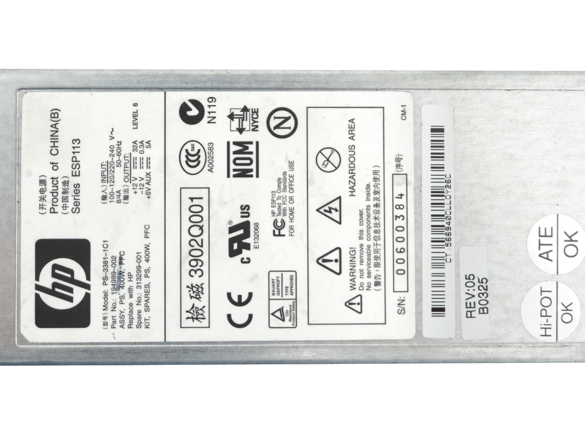 HP 400W Fuente Poder RPS para Servidor DL380 G2/G3 PS-3381-1C1 2