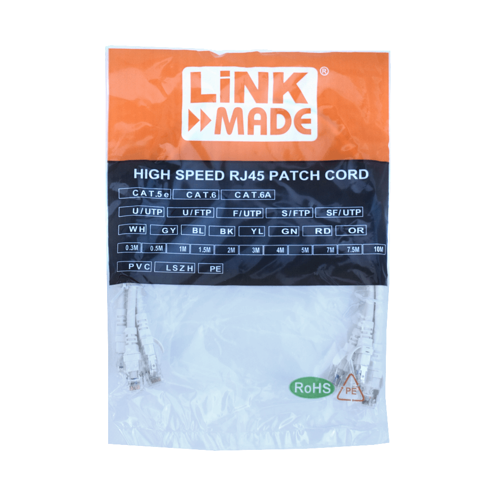 Pack x4 Cable Patch LINKMADE Cat6a U/FTP 0.5mt Blanco LSZH Inyectado Multifilar 1