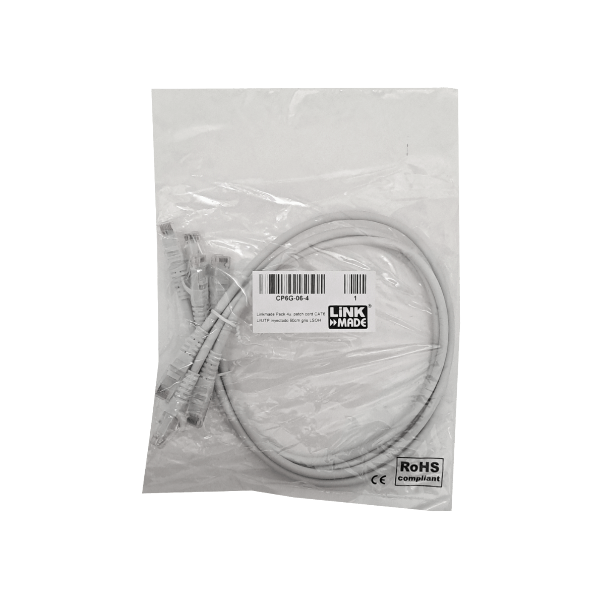 Pack x4 Cable Patch LINKMADE Cat6 Gris 60cm LSZH Inyectado Multifilar 2