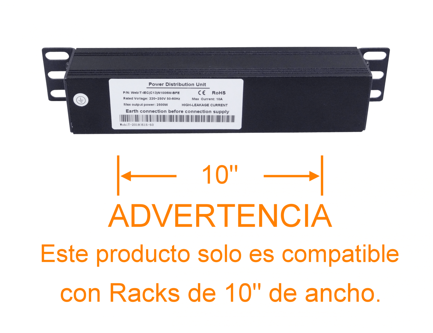 PDU 10A con 6 Enchufes Hembra C13, 1 Enchufe Macho C14, Rack 10