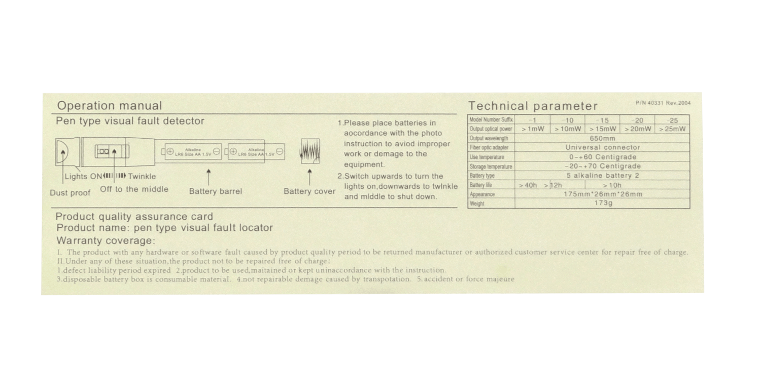 Detector Visual de Fallas en Fibra Óptica, 20mW, 650nm, 15km, Requiere 2 Pilas AA 3